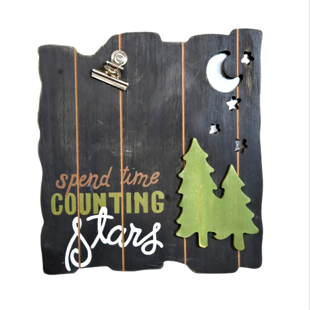 Rustic “Spend Time Counting Stars” Wood Photo Clip Frame – Cabin Decor